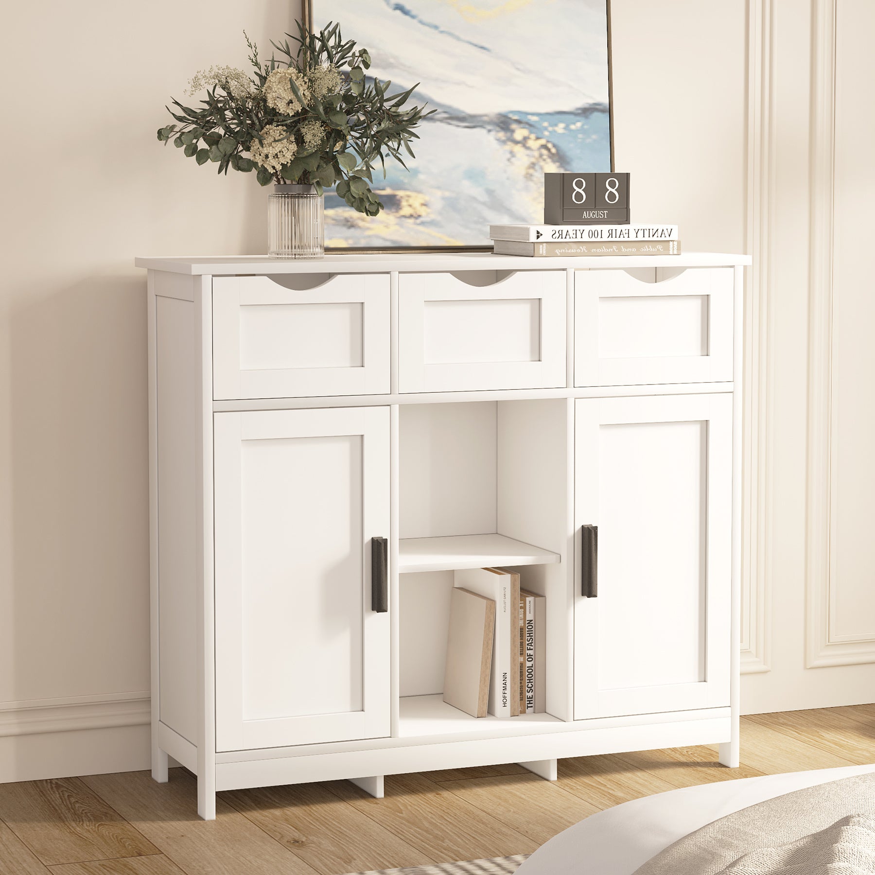 White Storage Cabinet with Drawers & Shelves for Living Room & Bedroom - White