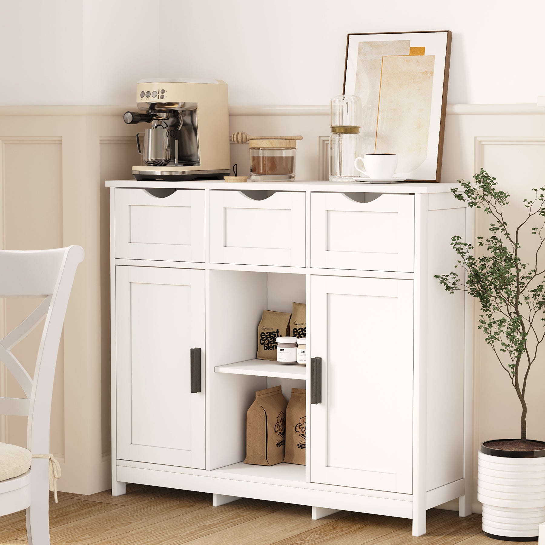 White Storage Cabinet with Drawers & Shelves for Living Room & Bedroom - White