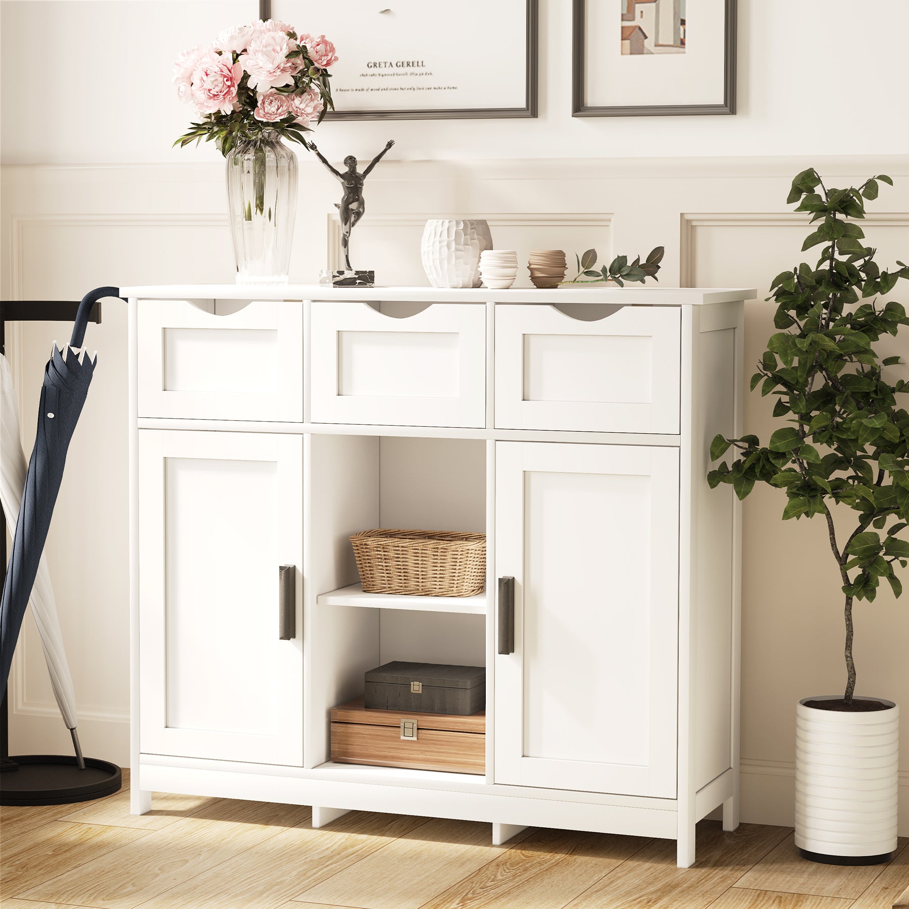 White Storage Cabinet with Drawers & Shelves for Living Room & Bedroom - White