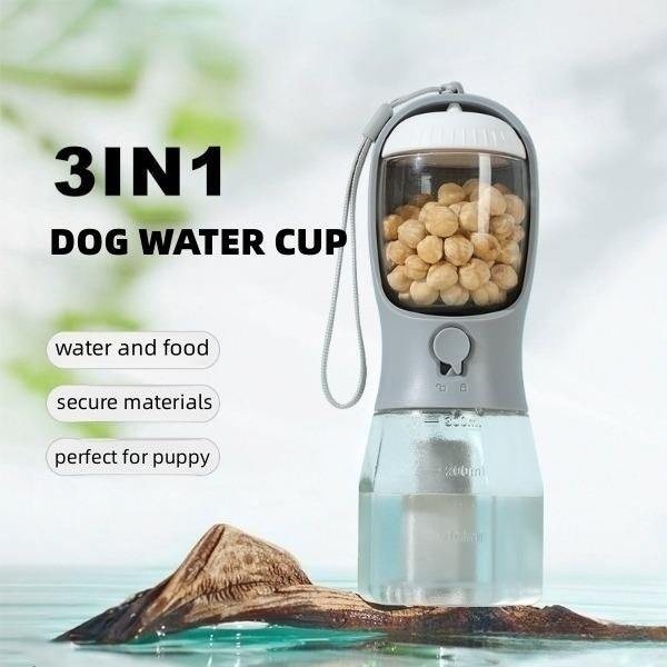 3-in-1 Portable Dog Water Bottle – Food Container & Waste Bag Dispenser for Pets