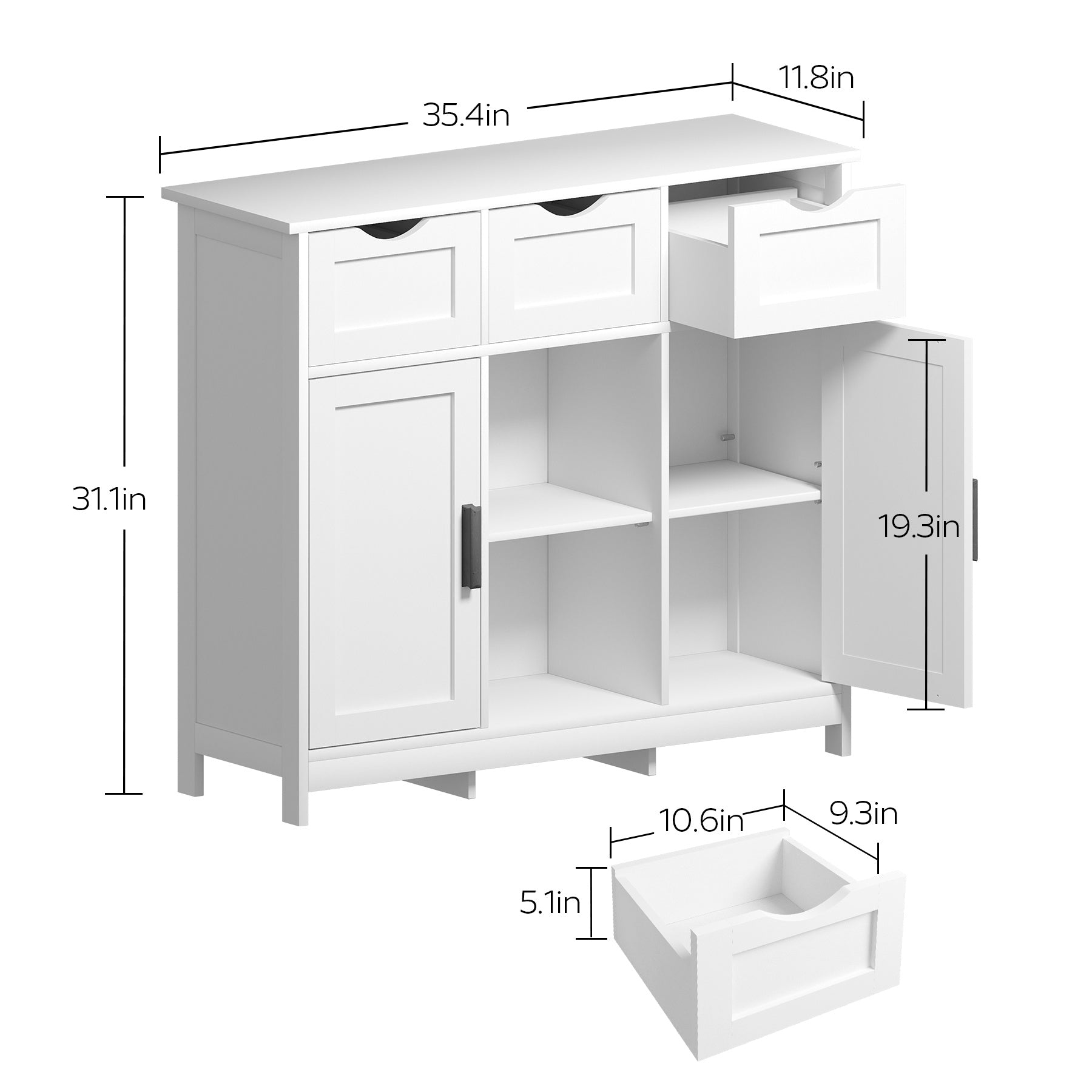 White Storage Cabinet with Drawers & Shelves for Living Room & Bedroom - White